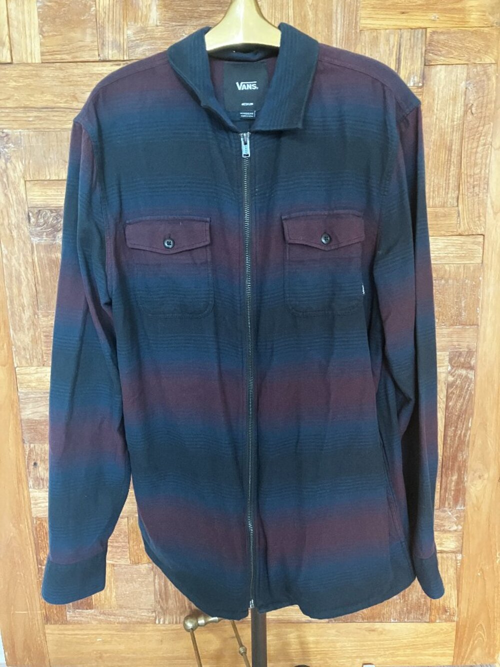Vans Men's Zip-Front Flannel Shirt, Burgundy & Navy Stripe, Size Medium